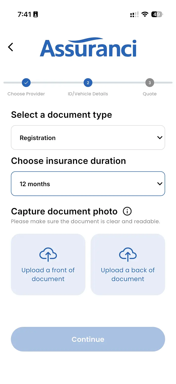 Assuranci app document upload screen